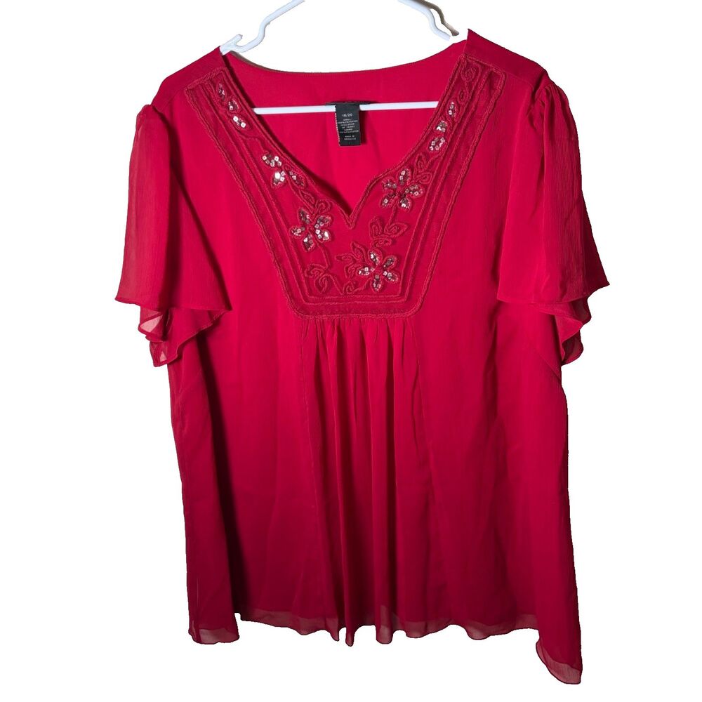 Lane Bryant Blouse Women's 18/20 Red Short Sleeve V-Neck Embroidered Sequin